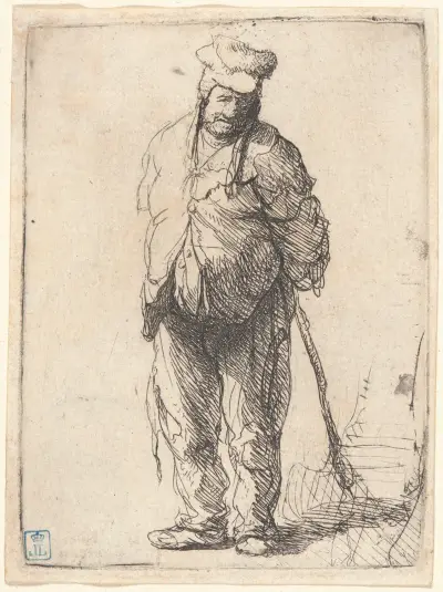 Ragged Peasant with His Hands behind Him, Holding a Stick av Rembrandt van Rijn