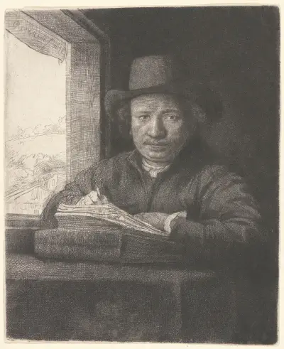 Rembrandt Drawing at a Window av Rembrandt van Rijn