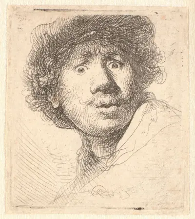 Rembrandt in a cap, open mouthed and staring; bust in outline av Rembrandt van Rijn