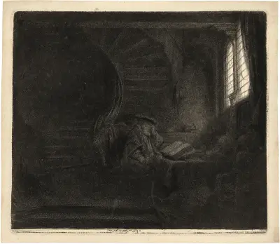 Saint Jerome in a dark Chamber av Rembrandt van Rijn