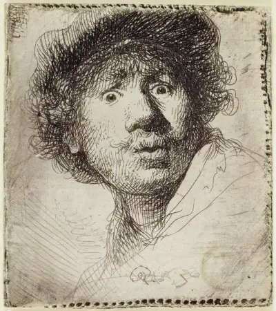 Self-Portrait in a cap, wide-eyed and open-mouthed, 1630 – nr 1 av Rembrandt van Rijn