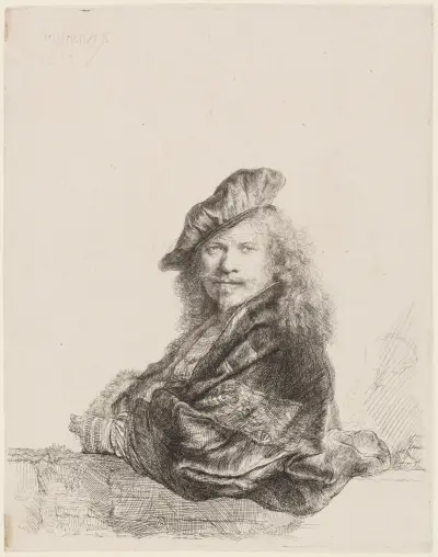 Self-Portrait leaning on a stone sill, 1639 – nr 1 av Rembrandt van Rijn