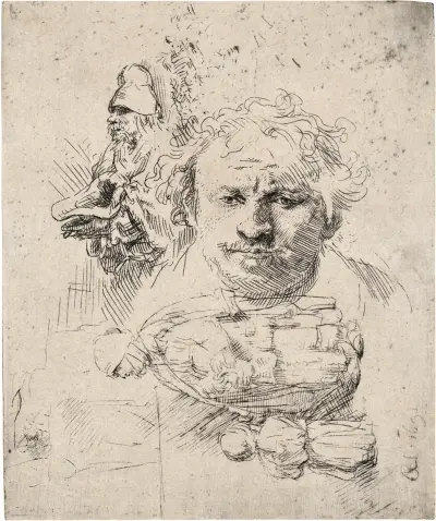 Sheet of Studies with the Head of the Artist, a Beggar Man, Woman and Child av Rembrandt van Rijn