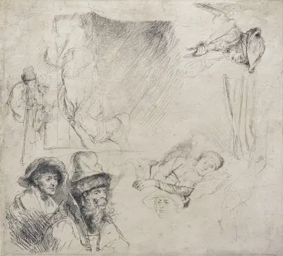 Sheet of Studies (with a woman lying ill in bed) av Rembrandt van Rijn