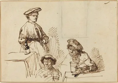 Skisser från en krog – stående kvinna och två sittande män av Rembrandt van Rijn