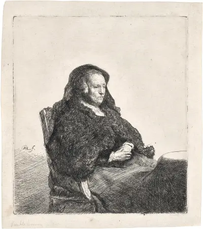 The Artist’s Mother seated at a Table, looking right av Rembrandt van Rijn