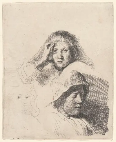 Three Heads of Women, One Lightly Etched av Rembrandt van Rijn
