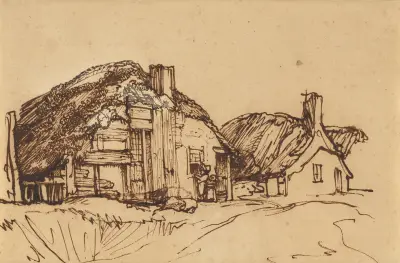 Two Thatched Cottages with Figures at a Window av Rembrandt van Rijn