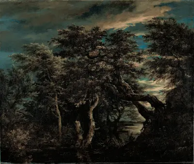 Kärrmark i skog i skymningen av Jacob van Ruisdael