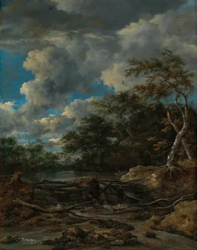 A wooded landscape with a waterfall av Jacob van Ruisdael