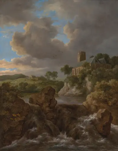 Skogslandskap med älv och vattenfall, kyrka och gård bortom av Jacob van Ruisdael