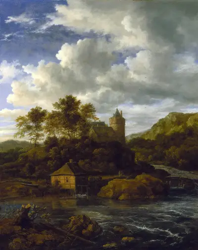 Slott och vattenkvarn vid en flod av Jacob van Ruisdael