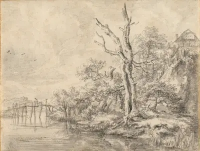 Dött träd vid en bäck nedanför en kulle av Jacob van Ruisdael