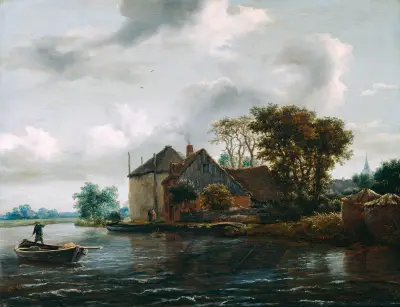Gård och hölass vid en flod av Jacob van Ruisdael
