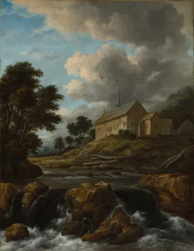 Landscape with a Church by a Torrent av Jacob van Ruisdael