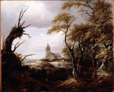 Landskap med kyrka av Jacob van Ruisdael