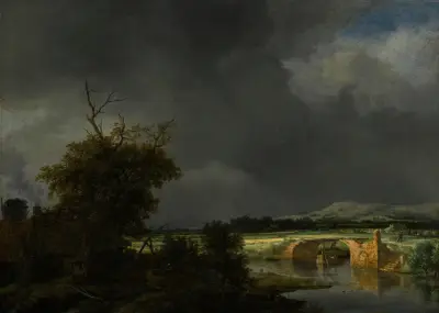 Landskap med stuga och stenbro under molnig himmel av Jacob van Ruisdael
