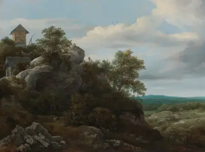 Landskap med hus på en klippig kulle och utsikt över en slätt av Jacob van Ruisdael