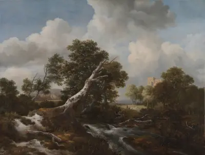 Litet vattenfall i ett skogslandskap med en död bok av Jacob van Ruisdael