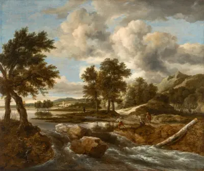 Flodlandskap med figurer på stranden av en fors, en herde bortom av Jacob van Ruisdael