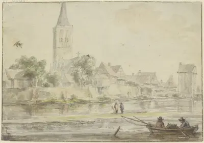 Stadt am Wasser mit Kirche, rechts ein Turm, vorne Kahn mit zwei Personen av Jacob van Ruisdael