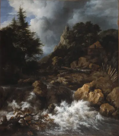 Vattenfall med korsvirkeshus och slott av Jacob van Ruisdael