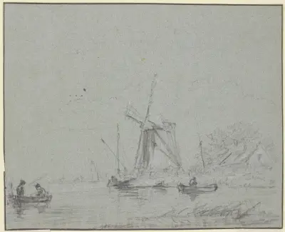Windmühle am Wasser, vorne zwei Kähne av Jacob van Ruisdael