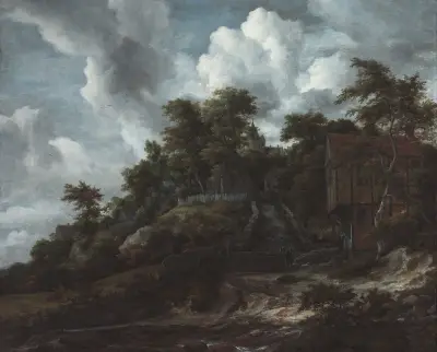 Skogsbeklädd sluttning med utsikt över slottet Bentheim av Jacob van Ruisdael