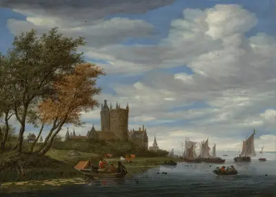 Eine Flussmündung mit Segelbooten und Fischern, die Netze einholen, einem befestigten Schloss und einem Pferdewagen am Ufer von Salomon van Ruysdael