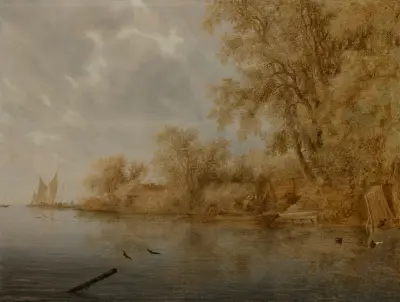 Flussufer mit Fischern, die ihre Netze pflegen und Fischkörbe an Land bringen von Salomon van Ruysdael