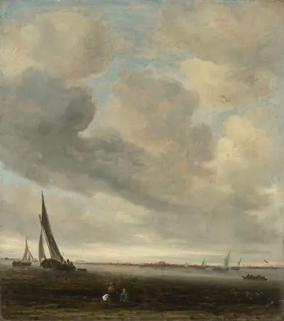 An estuary scene with a distant view of Haarlem av Salomon van Ruysdael