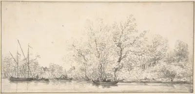 Flusslandschaft mit Booten vor einem dicht bewaldeten Ufer von Salomon van Ruysdael