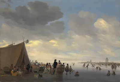 Schlittschuhläufer auf dem zugefrorenen Fluss Lek, die Stadt Vianen im Hintergrund von Salomon van Ruysdael