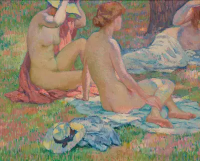 Badande eller i skuggan av pinjer av Theo van Rysselberghe