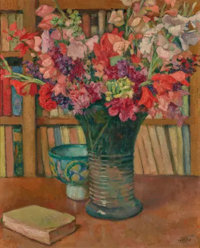 Blomsterblandning framför en bokhylla eller Stor bukett av Theo van Rysselberghe