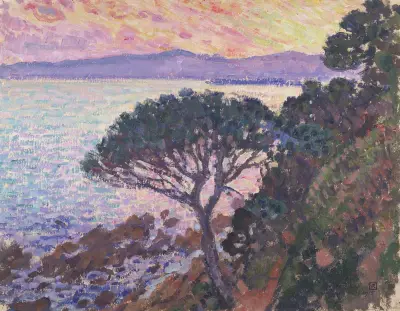 Tall vid Medelhavet i solnedgång av Theo van Rysselberghe