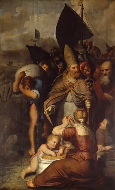 Under en hungersnöd i Myra räddar Sankt Nikolaus folket av Otto van Veen