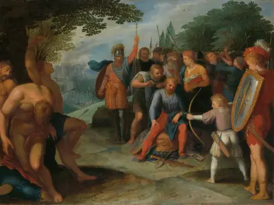Julius Civilis Having his Hair Cut after the Fall of Vetera, while his Son Kills Some of the Captives av Otto van Veen