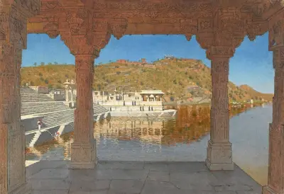Rajnagar. Marmorkai mit Basreliefs an einem See in Udaipur von Vasily Vereshchagin
