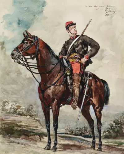 Porträtt till häst, spejare till häst av Georges Jules Victor Clairin