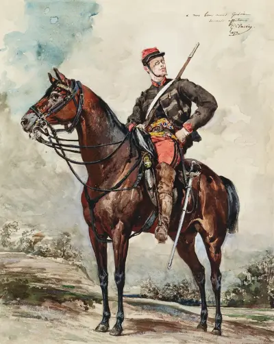 Portrait équestre, éclaireur à cheval av Georges Jules Victor Clairin