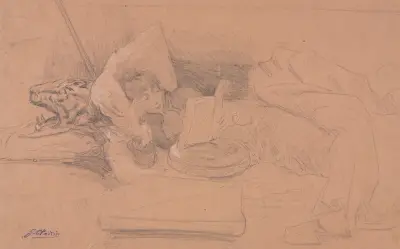 Sarah Bernhardt Reclining on a Divan, Reading av Georges Jules Victor Clairin