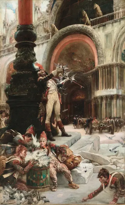 Fransk tamburmajor som matar duvorna på Markusplatsen i Venedig av Georges Jules Victor Clairin
