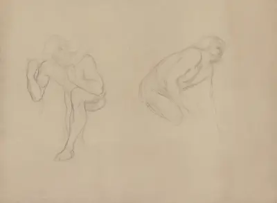 A male nude in a bent position with his left leg raised, carrying an object on his shoulder, next to him a crouching male nude to the right av Victor Müller