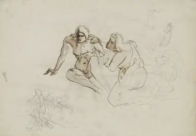 Auf dem Boden sitzender, übellauniger männlicher Akt, von einer neben ihm knienden weiblichen Gestalt umsorgt , sowie weitere figürliche Skizzen av Victor Müller