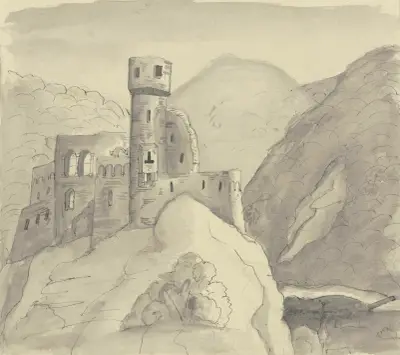Slottsruin i bergslandskap av Victor Müller