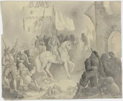 Ein bärtiger Herrscher mit Gefolge reitet nächtens auf eine ruinöse Burg zu av Victor Müller