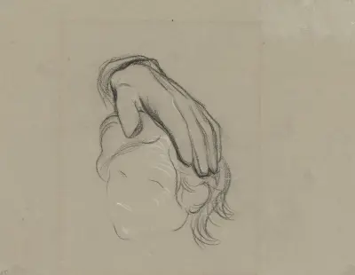 Kopf des Kindes und die darauf liegende Hand Hartmuts aus ‘Ritter Hartmut von Kronberg nimmt von seinen Angehörigen Abschied av Victor Müller
