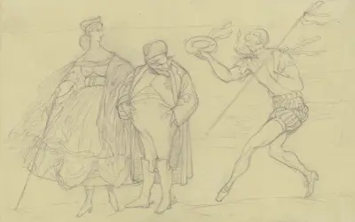 Olikt par, från höger skyndar en dandyklädd Wilhelm I. fram av Victor Müller