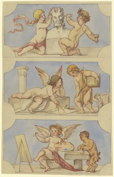 Von Putten verkörperte Allegorien der Bildhauerei, der Architektur und der Malerei av Victor Müller
